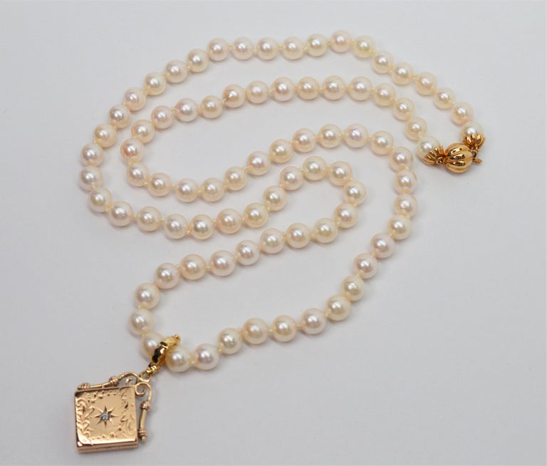 Antique Gold Charm Locket Pendant Enhancer with Diamond Accent Pearl