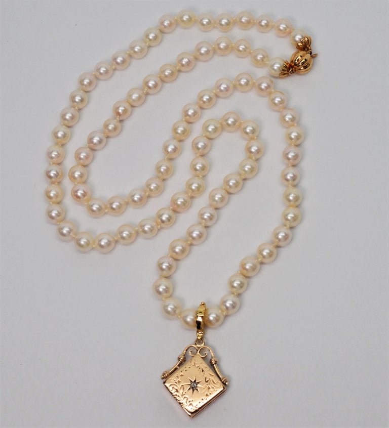 Antique Gold Charm Locket Pendant Enhancer with Diamond Accent Pearl