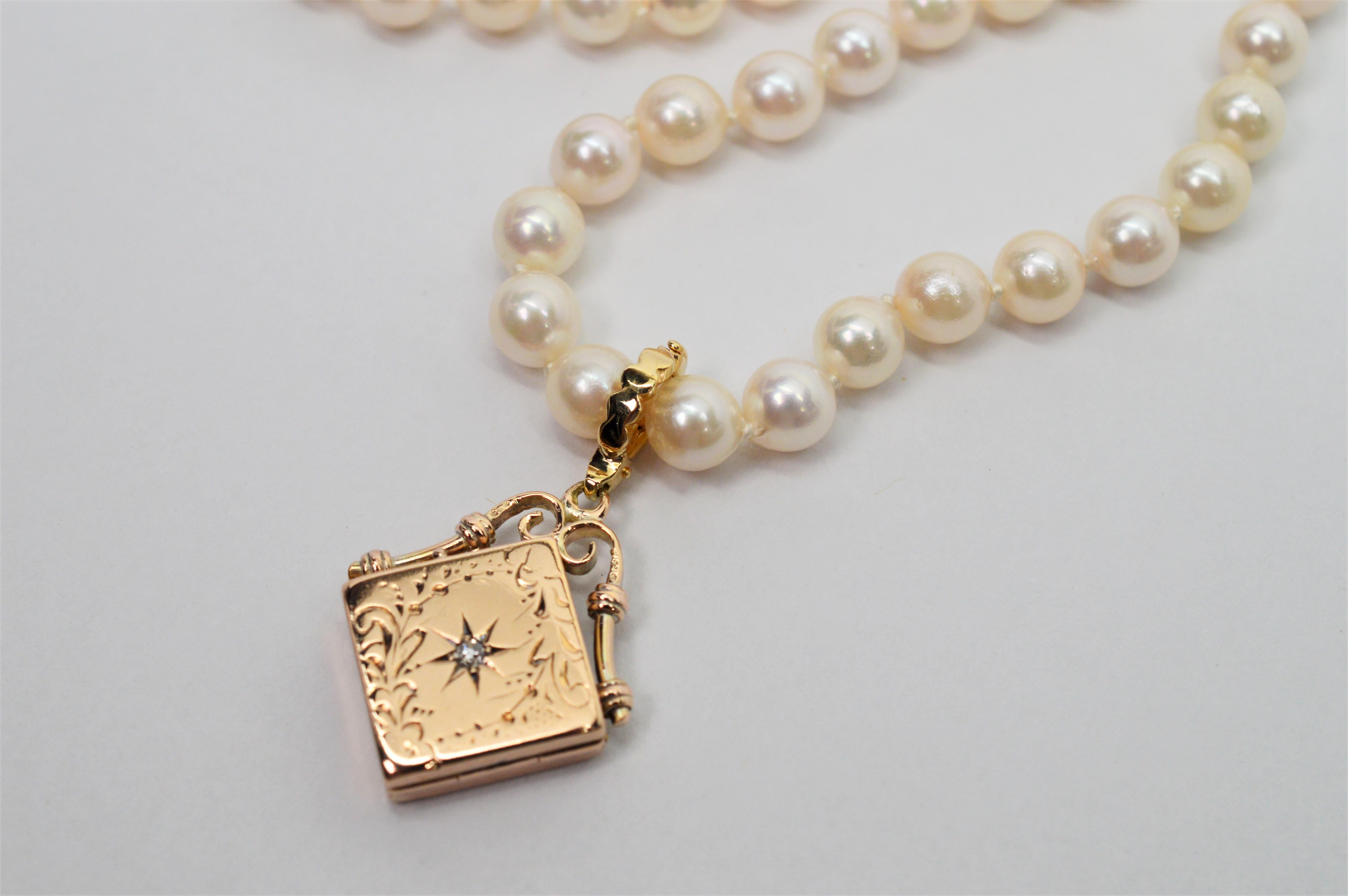 Antique Gold Charm Locket Pendant Enhancer with Diamond Accent Pearl Necklace In Excellent Condition In Mount Kisco, NY
