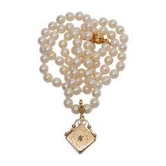 Antique Gold Charm Locket Pendant Enhancer with Diamond Accent Pearl Necklace