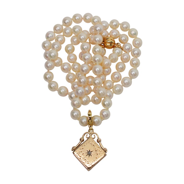 Antique Gold Charm Locket Pendant Enhancer with Diamond Accent Pearl