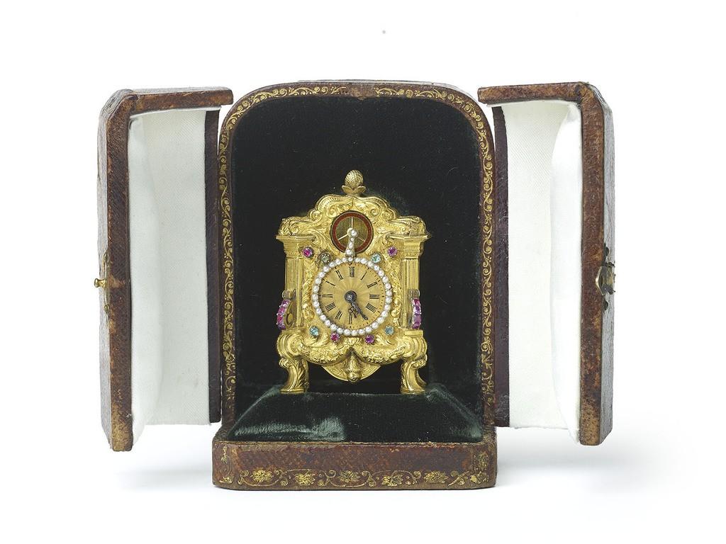 Round Cut Viennese Antique Gold Emerald Ruby and Pearl Clock, Probably by Carl Wurm c1830 For Sale