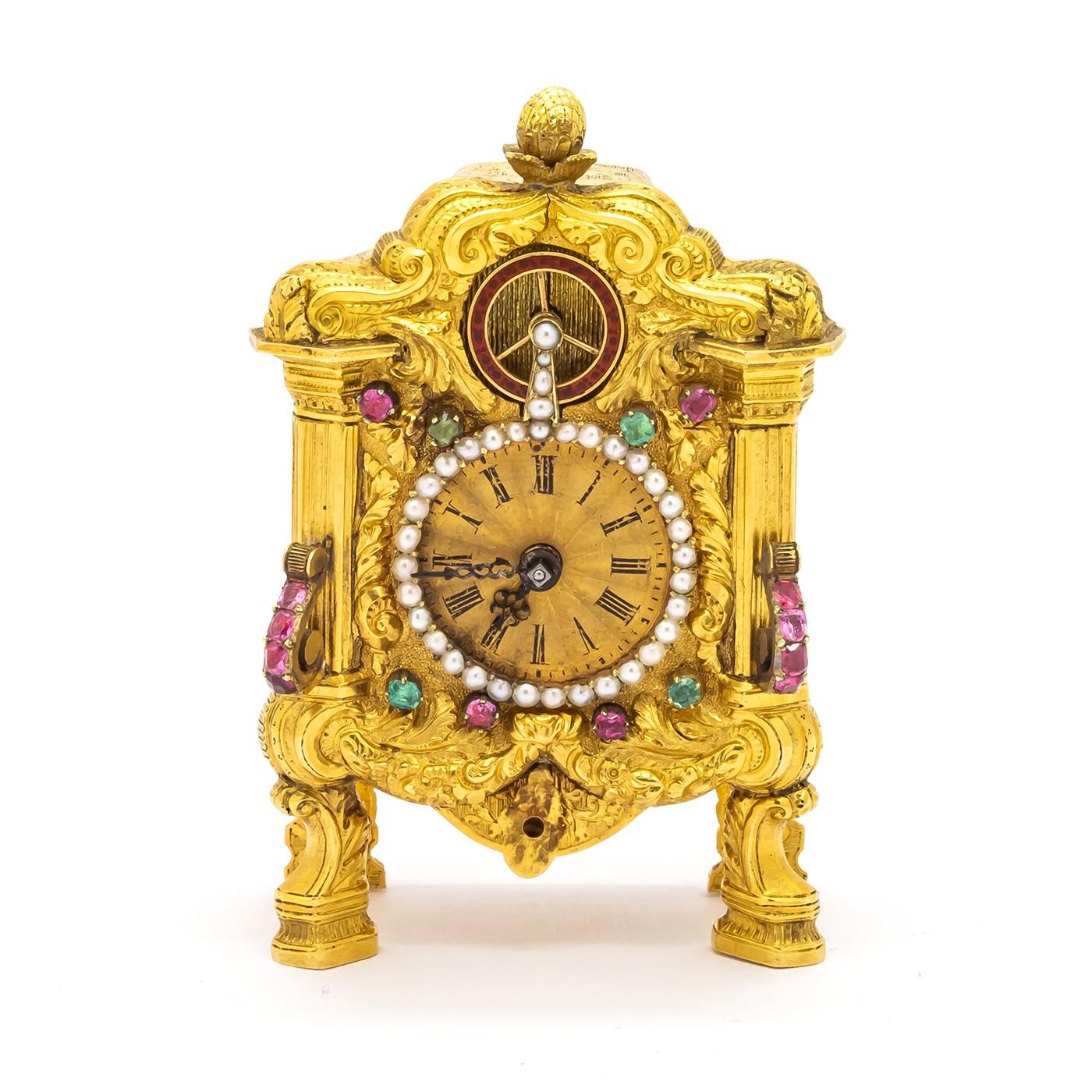 Viennese Antique Gold Emerald Ruby and Pearl Clock, Probably by Carl Wurm c1830 In Good Condition For Sale In London, GB