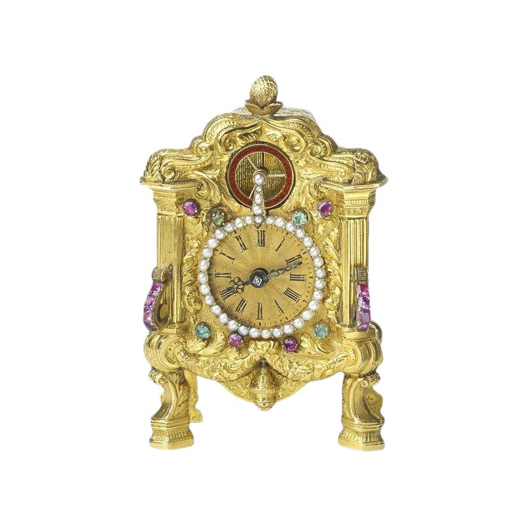 Viennese Antique Gold Emerald Ruby and Pearl Clock, Probably by Carl Wurm c1830 For Sale