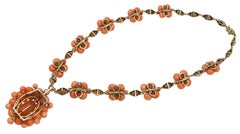 Antique Gold Coral Bead Pendant Necklace