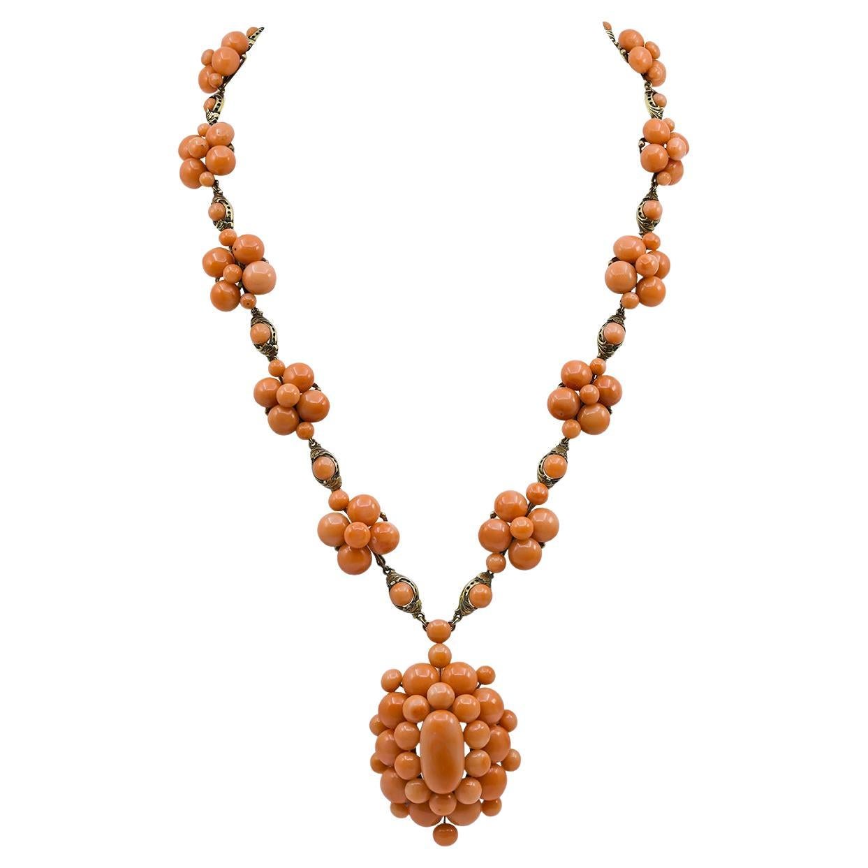 Antique Gold Coral Bead Pendant Necklace