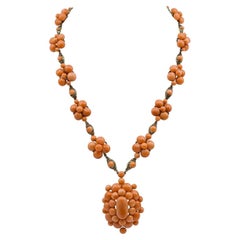 Antique Gold Coral Bead Pendant Necklace