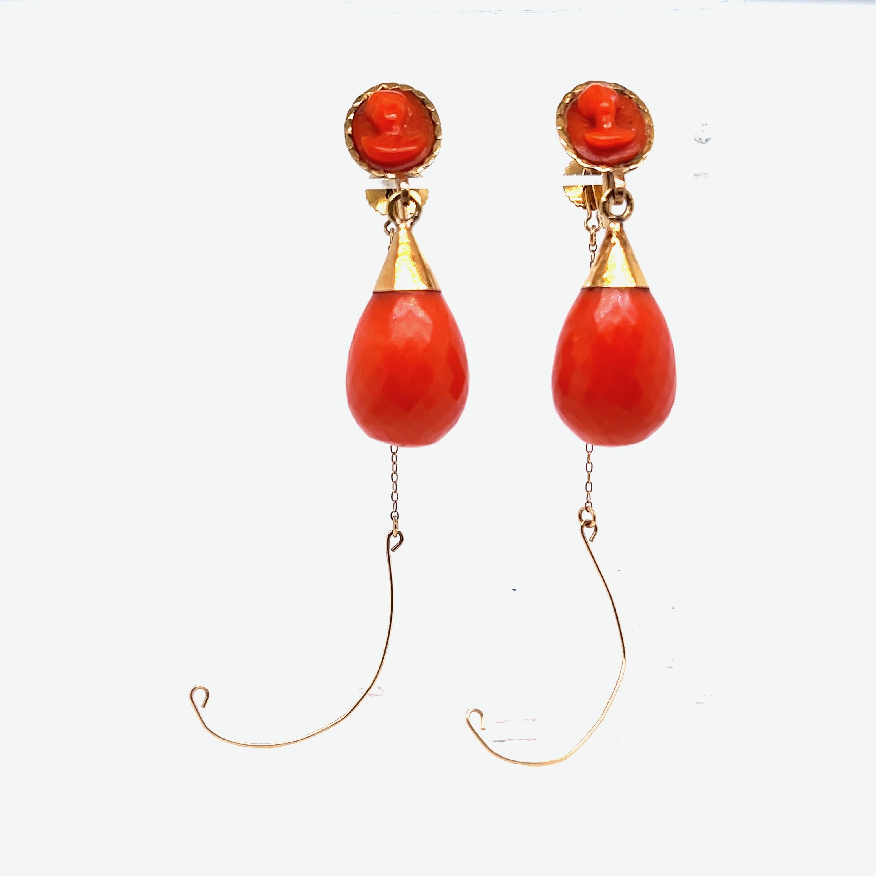 Antique Gold Coral Drop Earrings For Sale 1