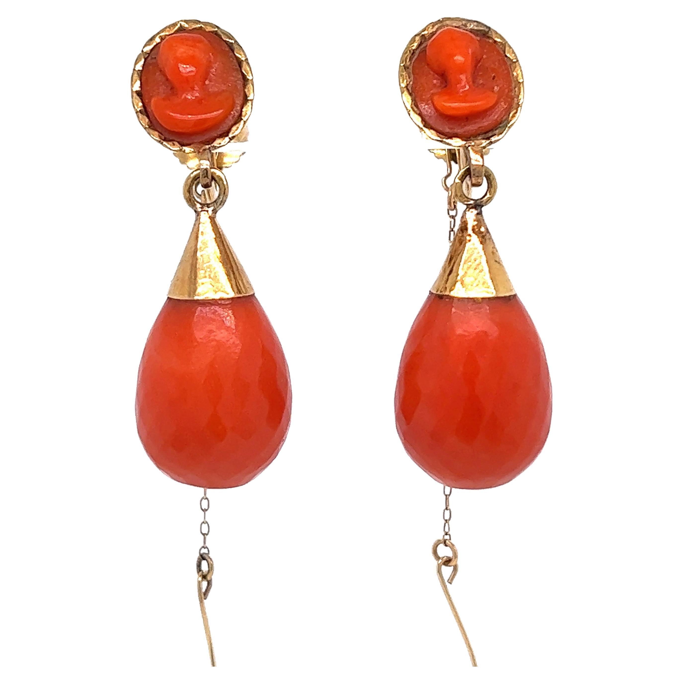 Antique Gold Coral Drop Earrings For Sale