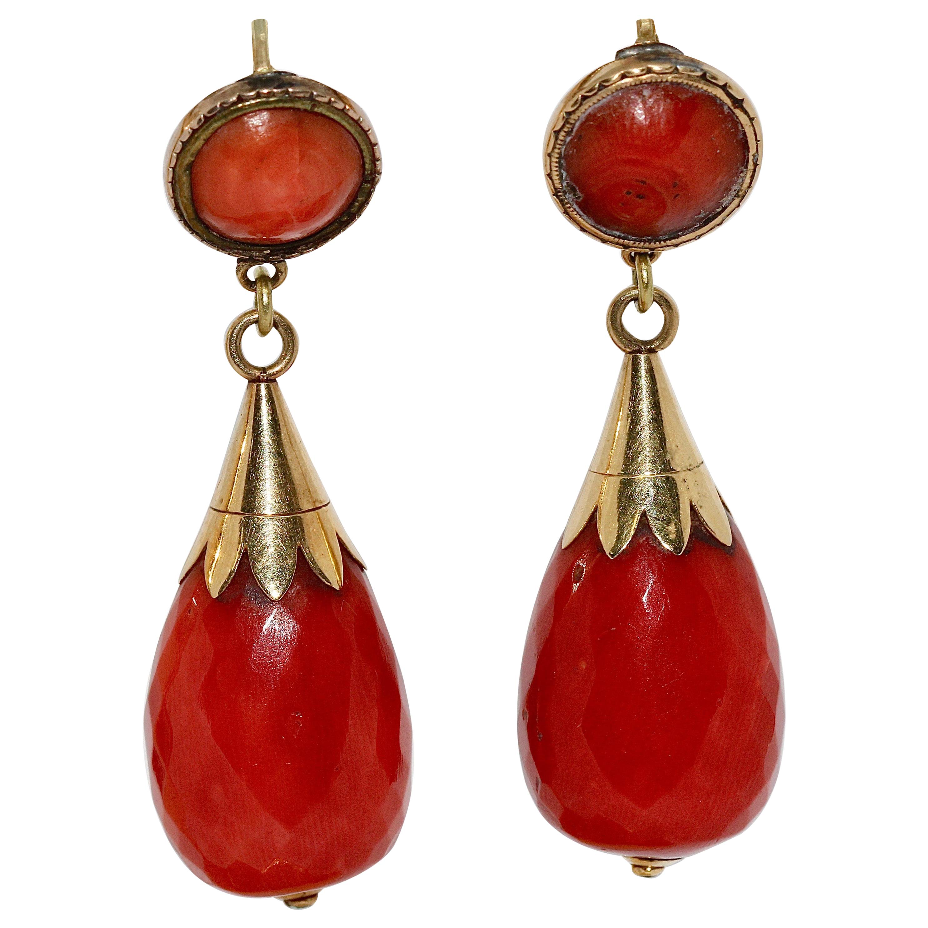 Antique, Gold Coral Stud Earrings, in Faceted Drop-Cut For Sale