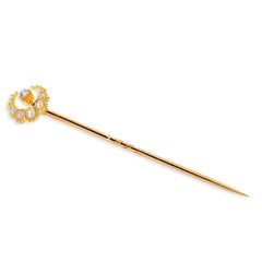 Antique Gold Crescent Moon Pin with Old Cut Diamonds Seed Pearls