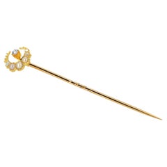Antique Gold Crescent Moon Pin with Old Cut Diamonds Seed Pearls