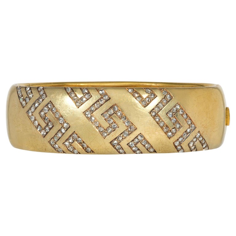 Antique Gold Cuff Bracelet with Rose Diamond Greek Key Motifs For Sale ...
