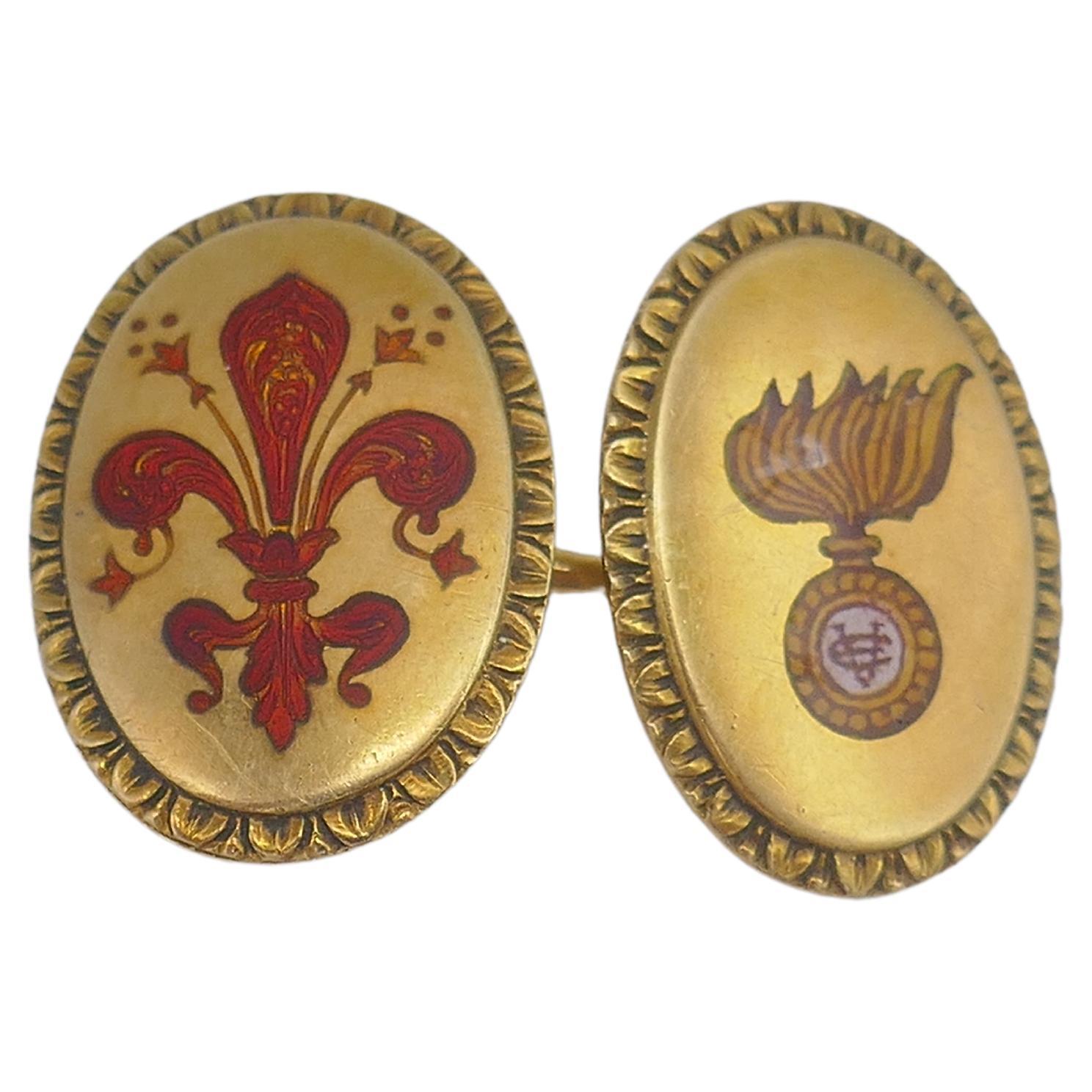 Antique Gold Cufflinks Enamel Family Crest In Excellent Condition In Beverly Hills, CA