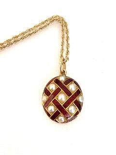 Antique Gold Cultured Pearl & Red Enamel Lattice Mourning Locket