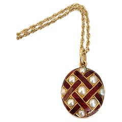 Antique Gold Cultured Pearl & Red Enamel Lattice Mourning Locket
