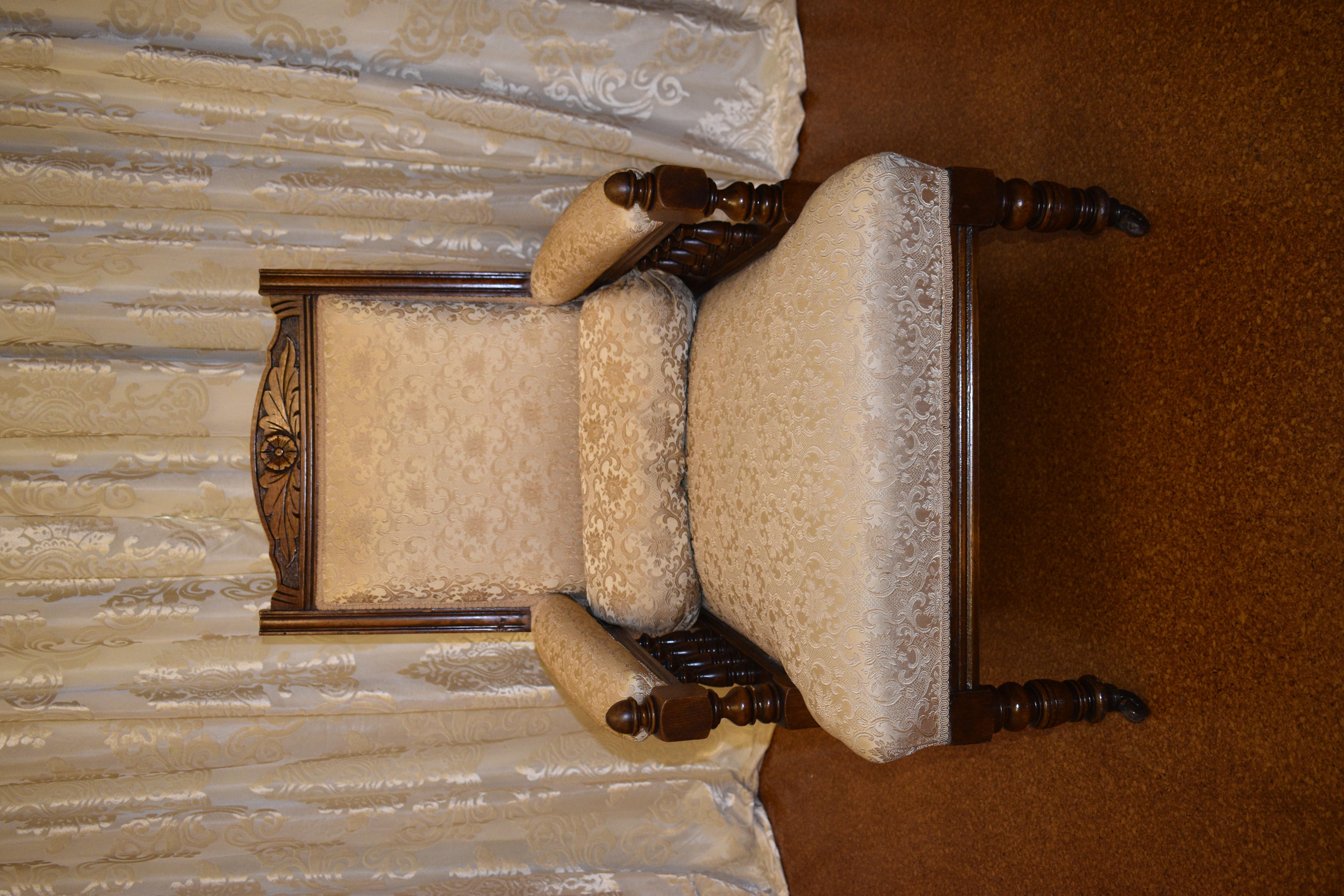 Antique Gold Damask Grandfather Armchair For Sale 5