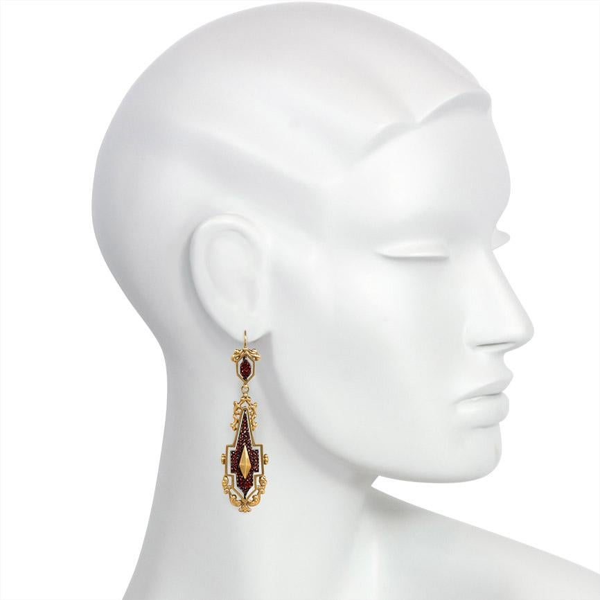 Antique Gold Day-to-Night Earrings with Garnet-Set Steel Panels In Good Condition In New York, NY