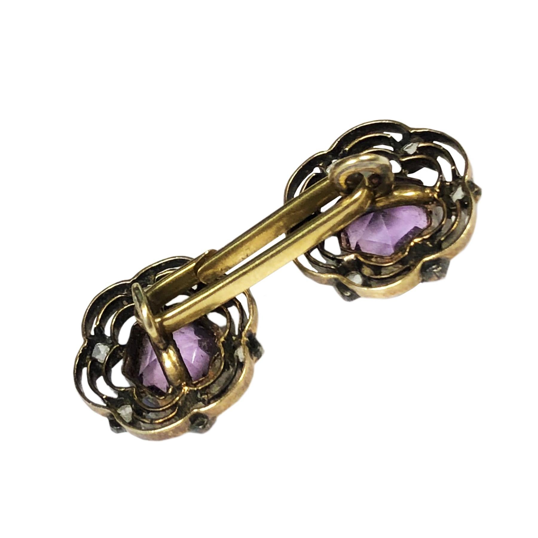 Circa 1910 14K  Yellow Gold Cufflinks, 2 sided with the tops of each measuring 1/2 inch in diameter. Centrally set with a Hexagon cut Amethyst and surrounded by Rose cut Diamonds. The center connecting bar has an opening that’s makes these easy to