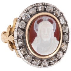 Antique Gold Diamond and Cameo Bishop's Ring