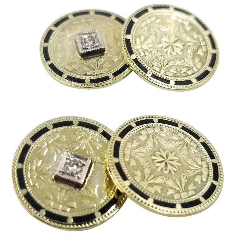 Antique Gold, Diamond, and Enamel Cufflinks For Sale