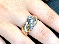 Antique Georgian Rose Cut Diamond Ruby 14K Yellow Gold Double Snake Ring