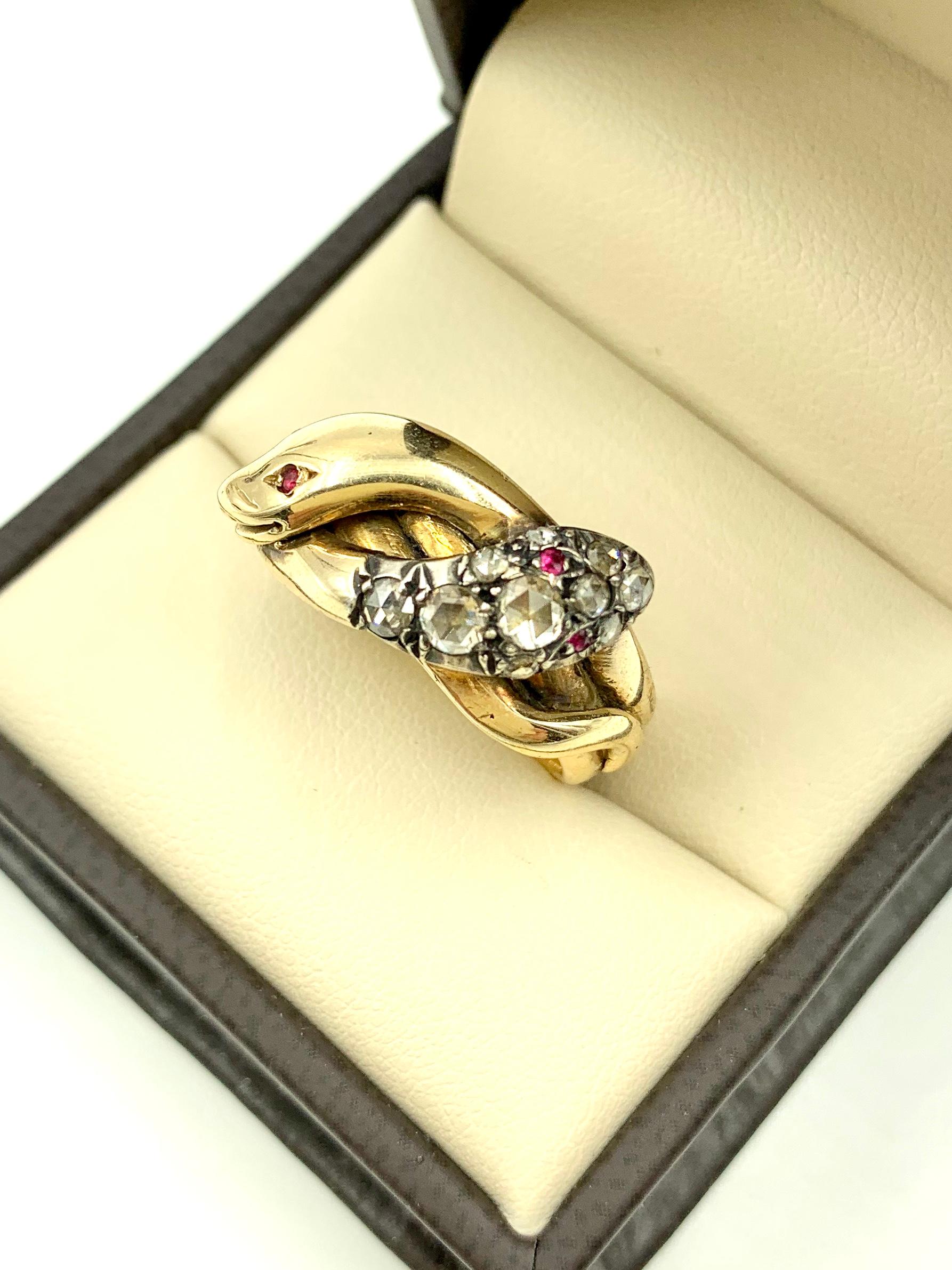 Antique Georgian Rose Cut Diamond Ruby 14K Yellow Gold Double Snake Ring In Good Condition In New York, NY