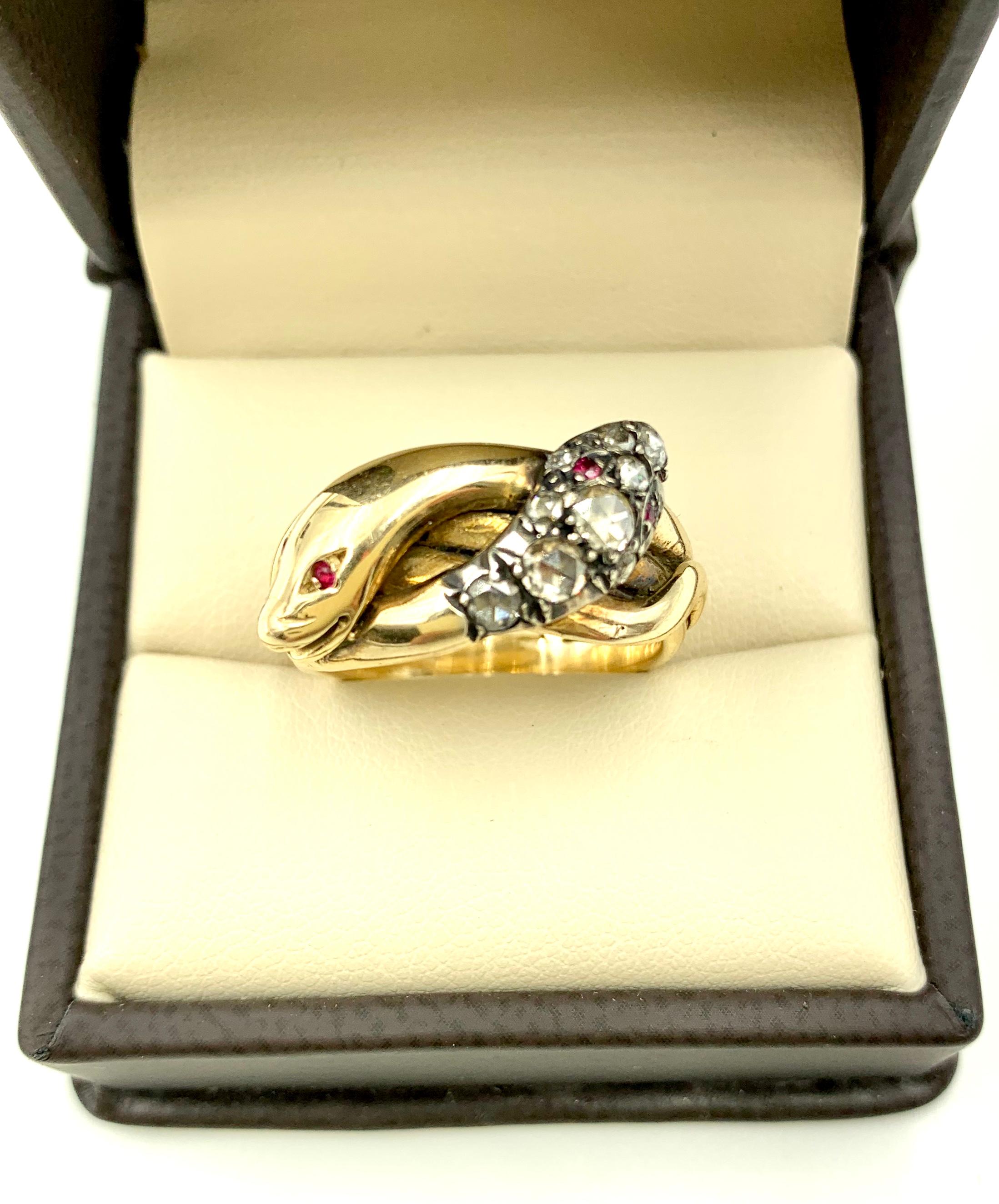 Women's or Men's Antique Georgian Rose Cut Diamond Ruby 14K Yellow Gold Double Snake Ring