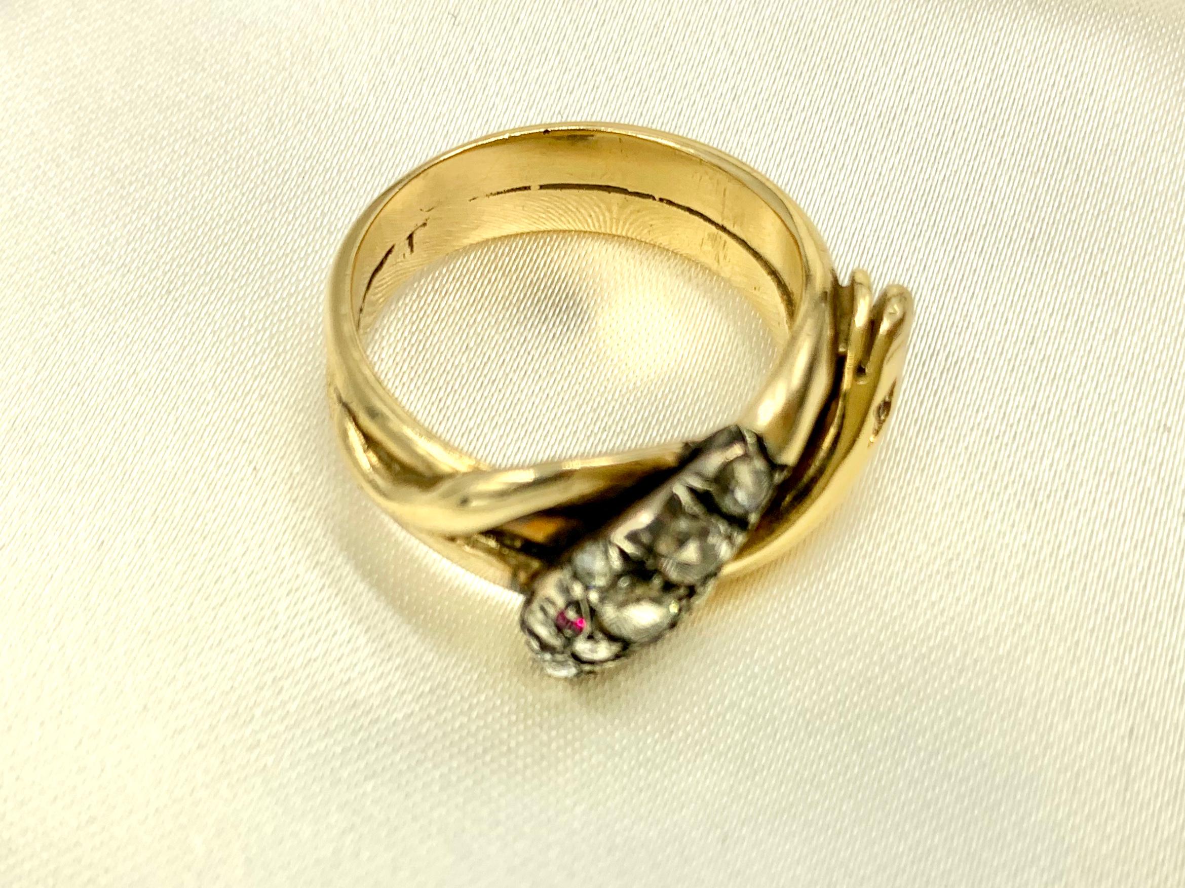 Antique Georgian Rose Cut Diamond Ruby 14K Yellow Gold Double Snake Ring 1