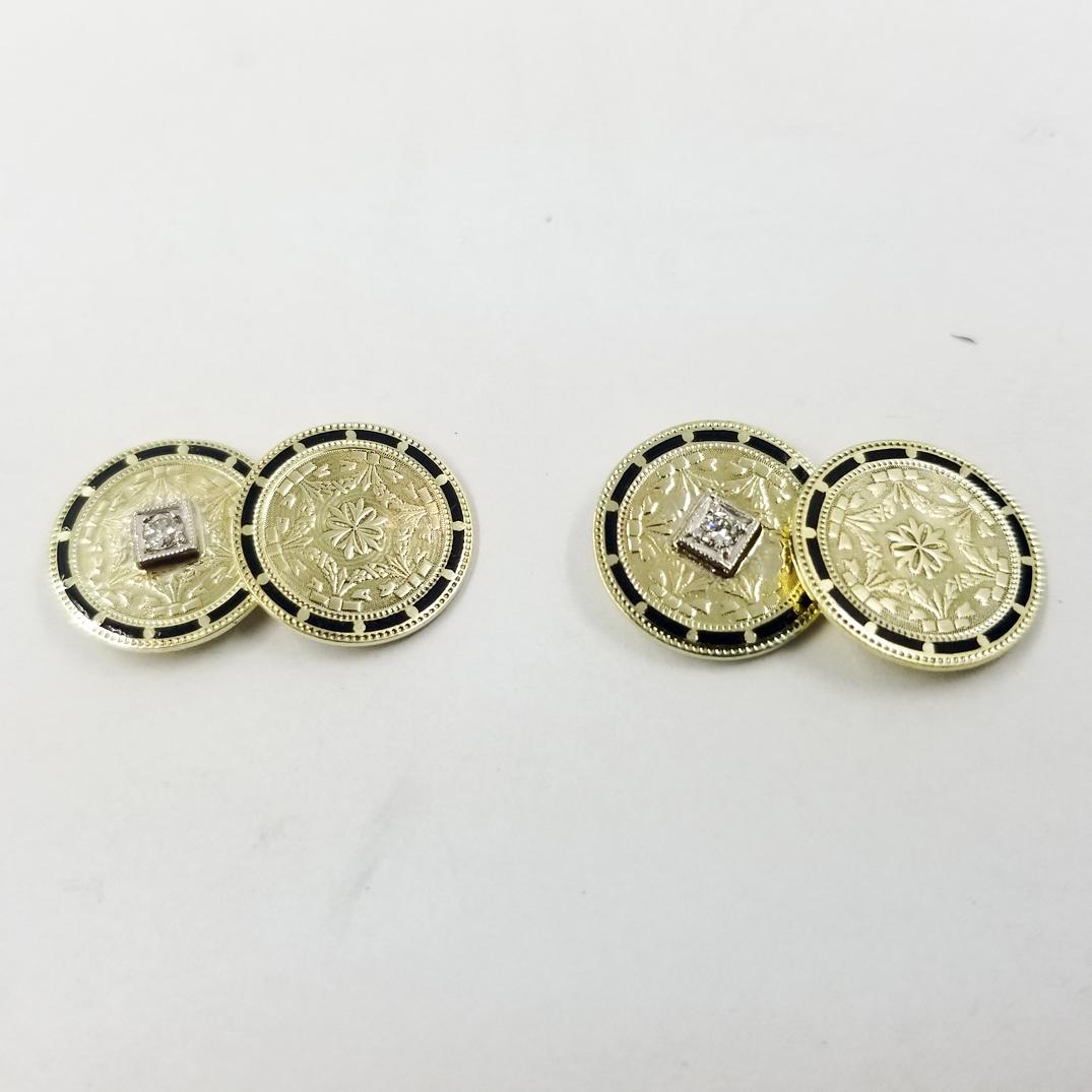 Pair of 14 Karat Yellow Gold Textured Diamond & Enamel Cufflinks Featuring 2 Round Diamonds of VS Clarity & H Color. Total Weight is Approximately 0.14 Carats. Finished Weight is 9 Grams.