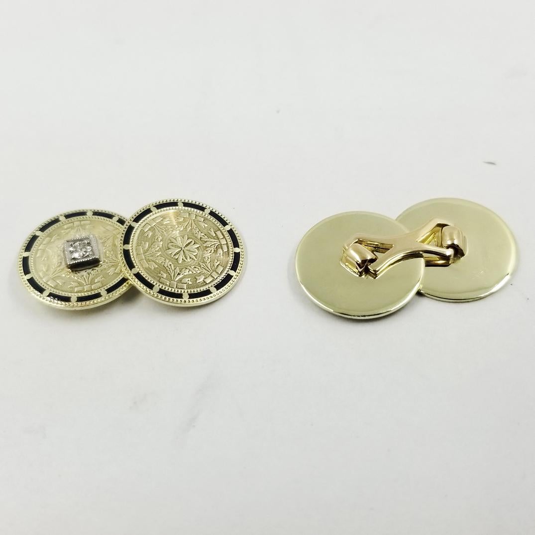 Round Cut Antique Gold, Diamond, and Enamel Cufflinks For Sale