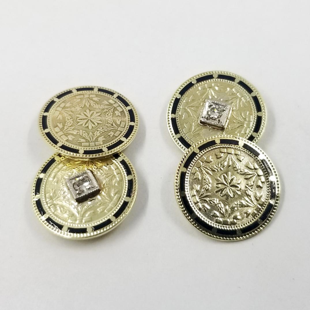 Antike Manschettenknöpfe aus Gold, Diamanten und Emaille im Zustand „Gut“ im Angebot in Coral Gables, FL