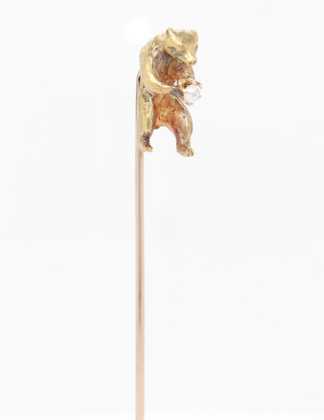 Antique Gold & Diamond Figural Walking Bear Stickpin For Sale 5