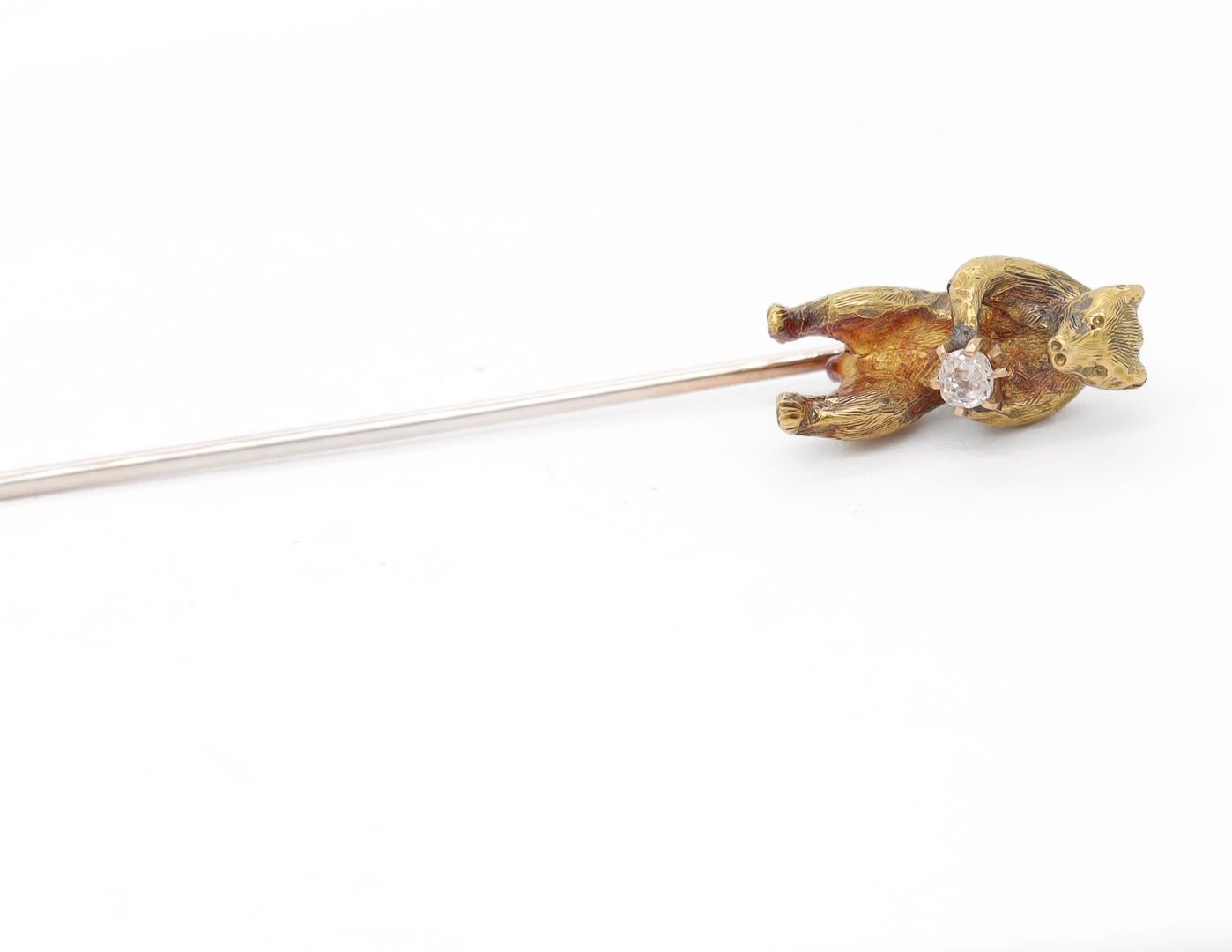 Antique Gold & Diamond Figural Walking Bear Stickpin For Sale 7