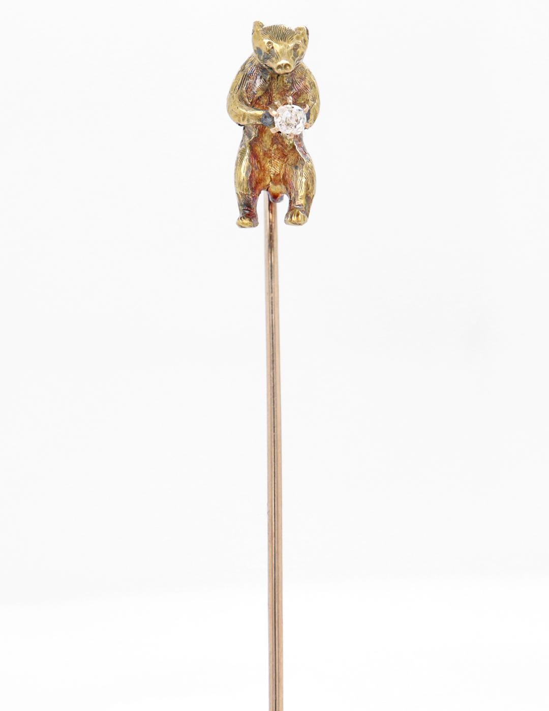 Antique Gold & Diamond Figural Walking Bear Stickpin In Good Condition For Sale In Philadelphia, PA
