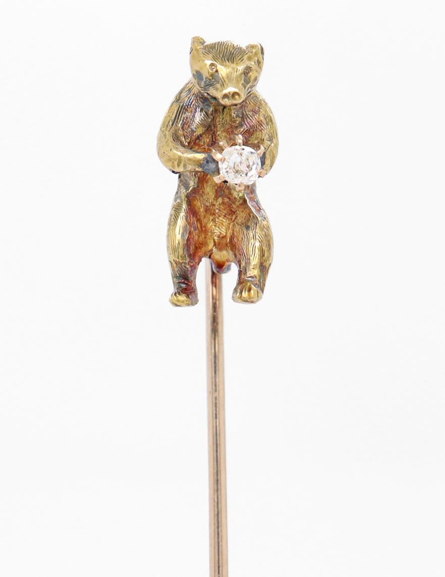 Women's or Men's Antique Gold & Diamond Figural Walking Bear Stickpin For Sale