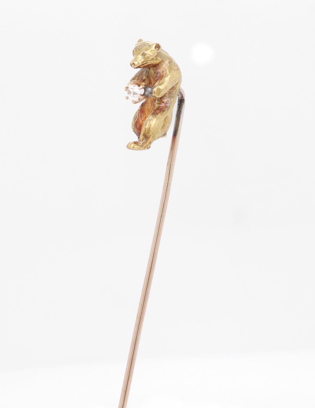 Antique Gold & Diamond Figural Walking Bear Stickpin For Sale 1