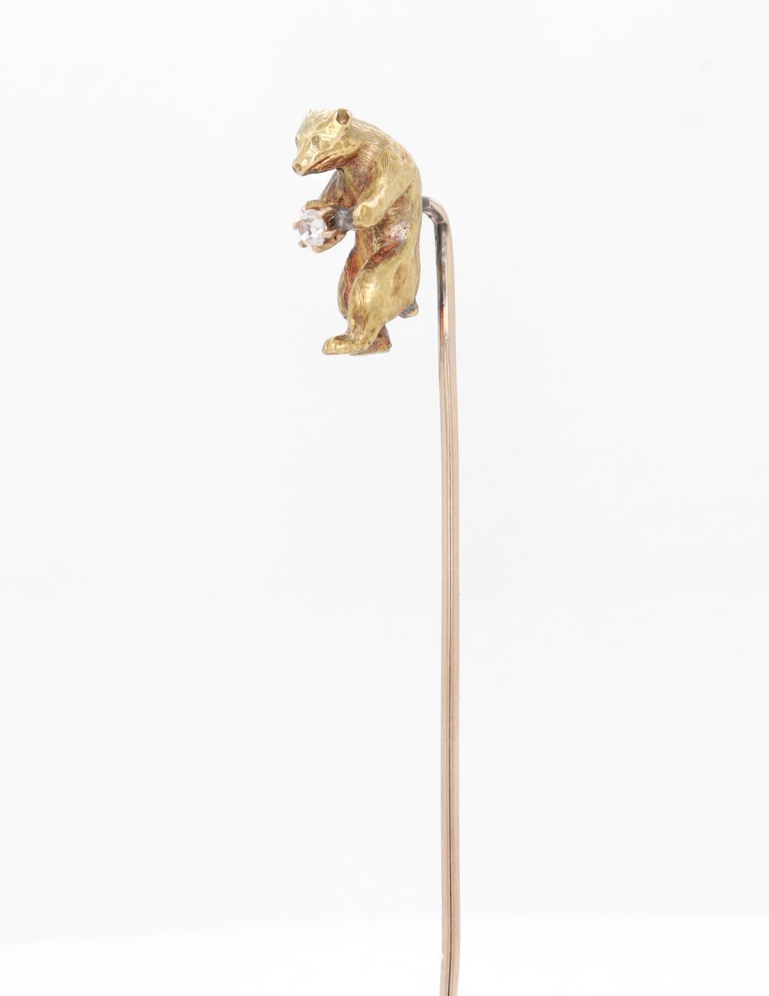Antique Gold & Diamond Figural Walking Bear Stickpin For Sale 2