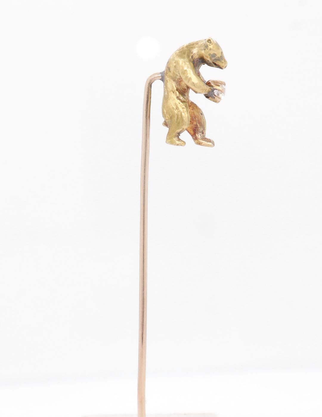Antique Gold & Diamond Figural Walking Bear Stickpin For Sale 4