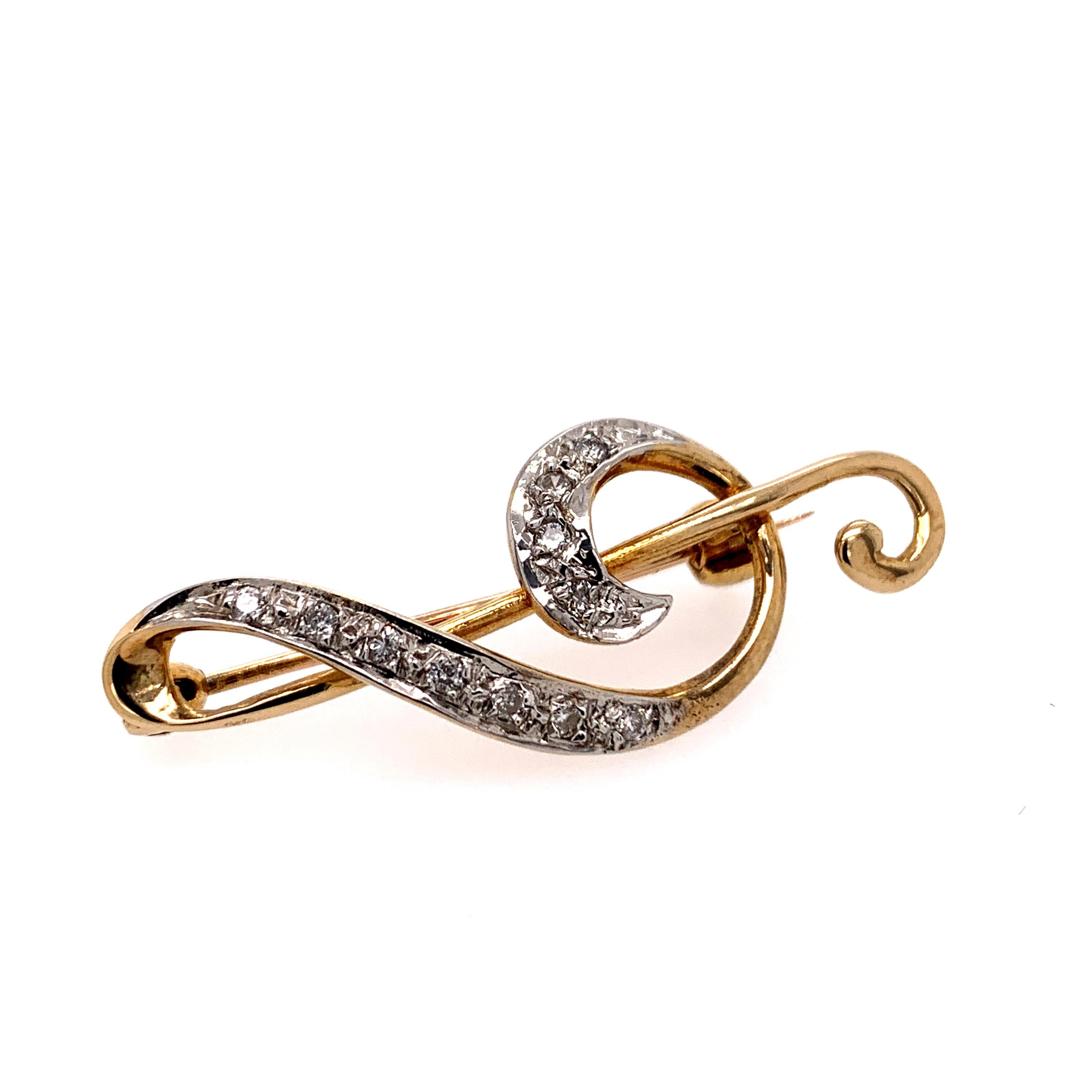 Old European Cut Antique Gold and Diamond Musical Clef Pin For Sale