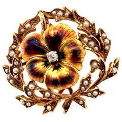 Antique Gold Diamond Pearl and Enamel Pansy Pin