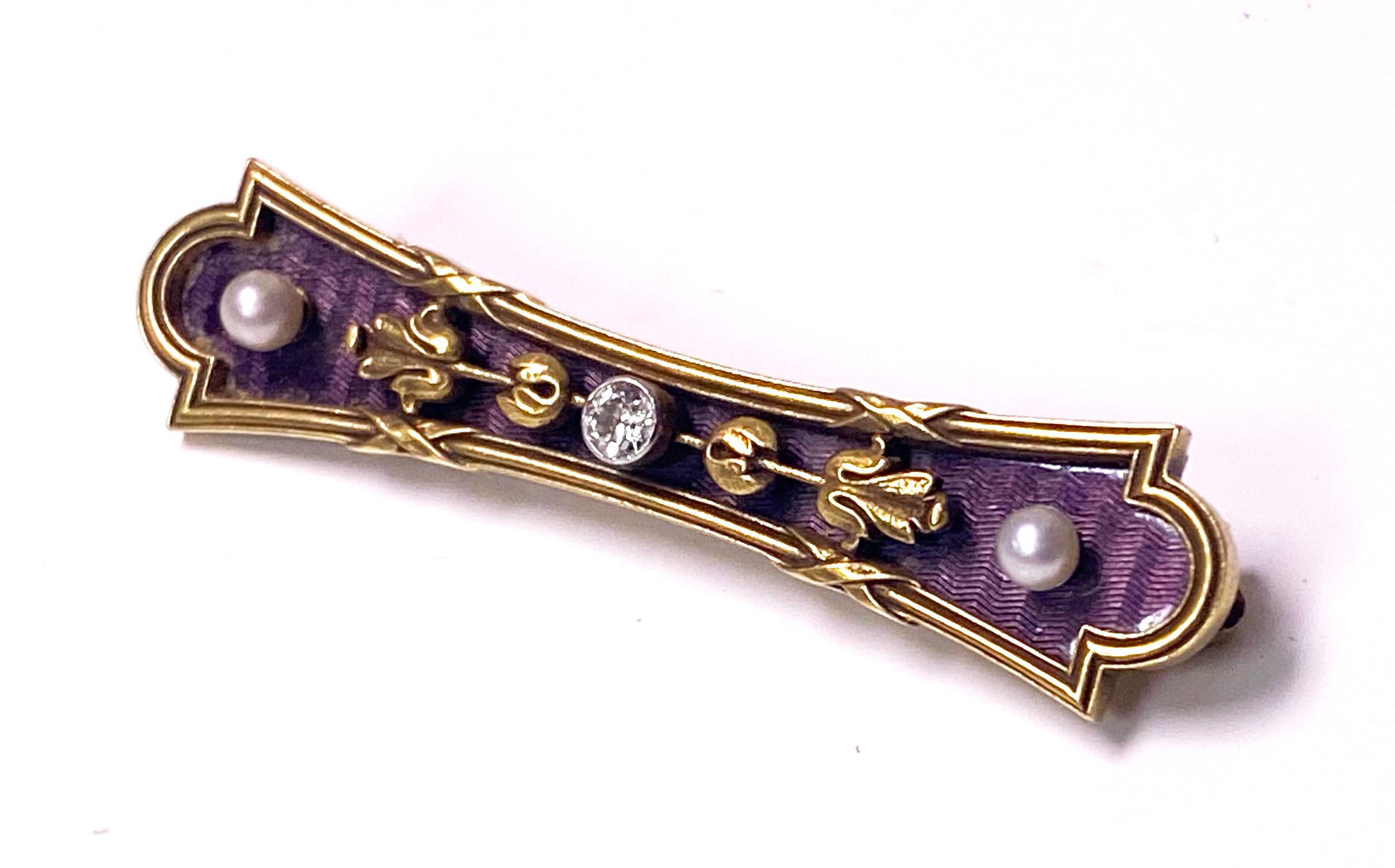 Antique Gold Diamond Pearl Enamel Bar brooch C.1890. The brooch of elongated shape set in the centre with a small old cut diamond accented at the end with a small, small applied floral gold decoration all on mauve guilloche enamel.  Pin and safety