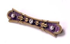 Antique Gold Diamond Pearl Enamel Bar brooch C.1890