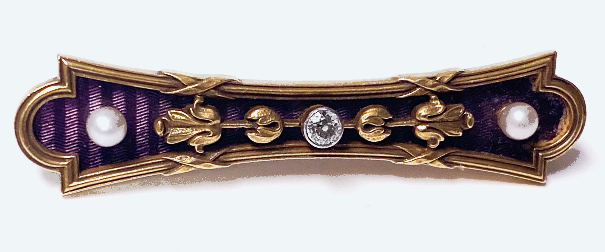Women's or Men's Antique Gold Diamond Pearl Enamel Bar brooch C.1890 For Sale