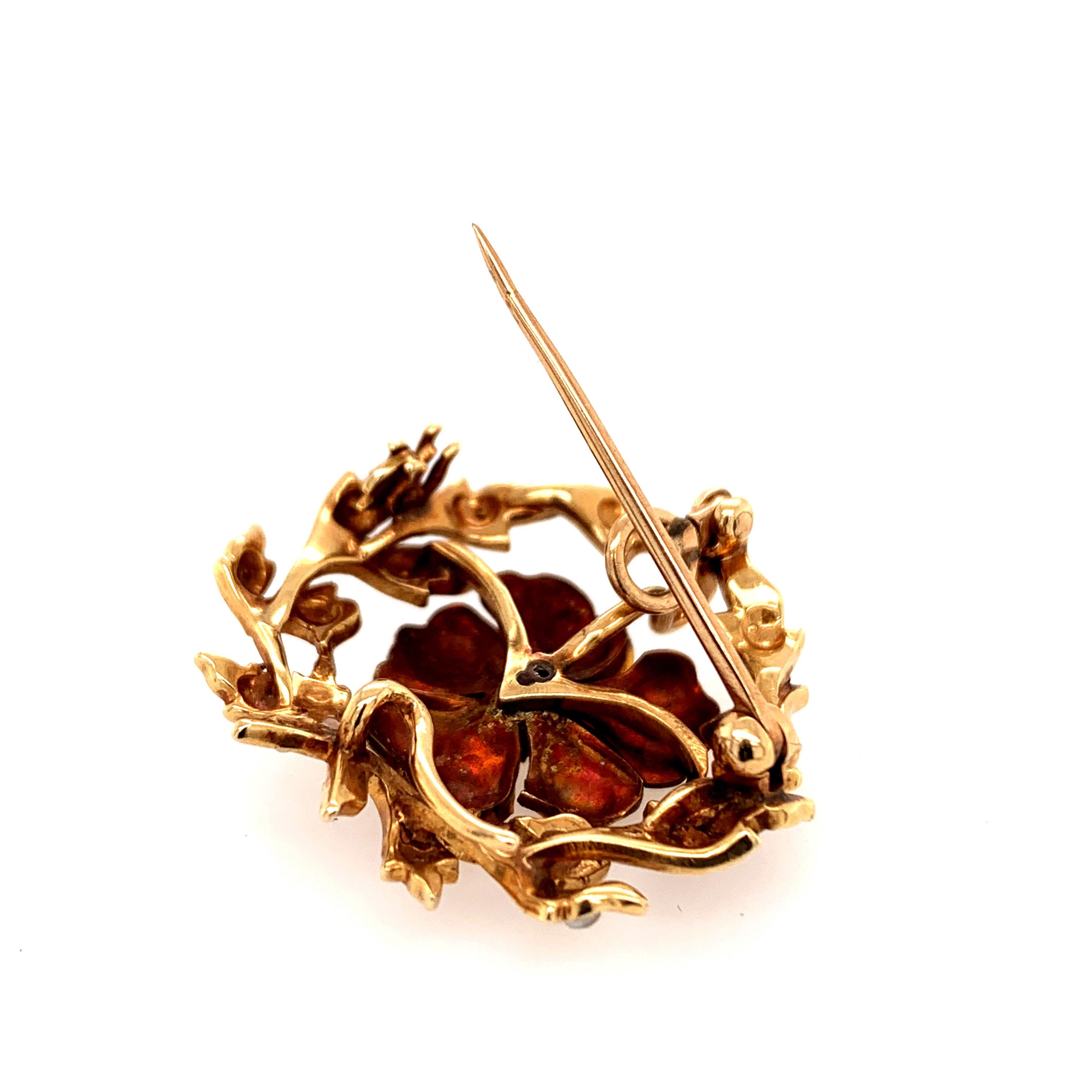 Antique Gold Diamond Pearl and Enamel Pansy Pin In Good Condition In New York, NY