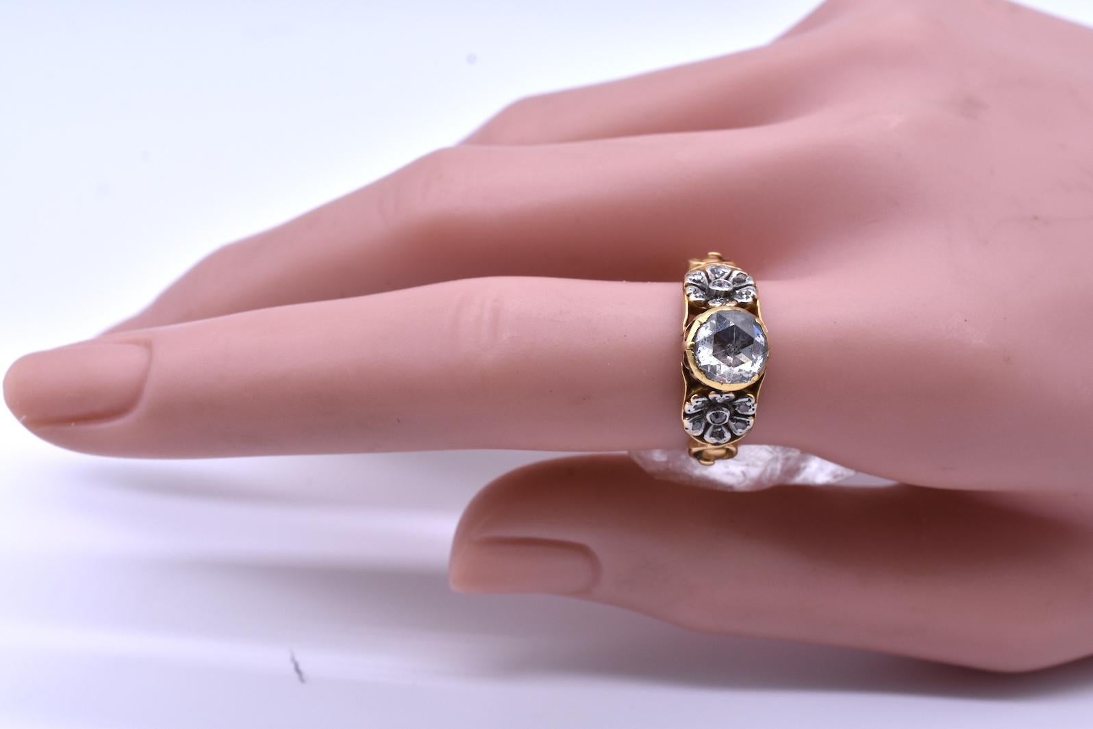 Antique Gold Rose Cut Diamond Ring with Platinum Floral Shoulders, C1895 4