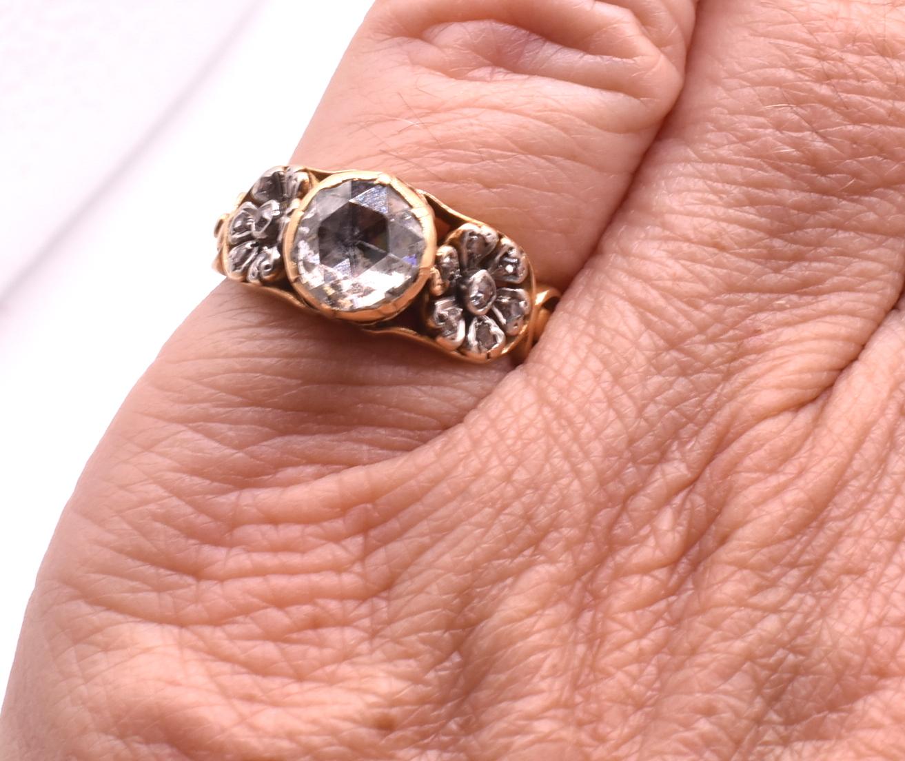 Antique Gold Rose Cut Diamond Ring with Platinum Floral Shoulders, C1895 6