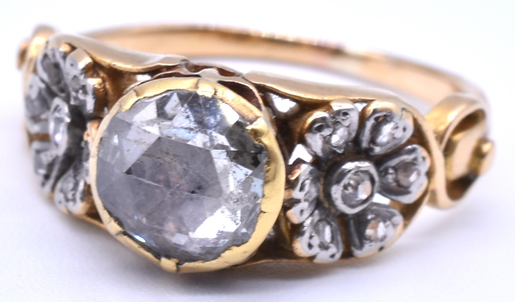 Antique Gold Rose Cut Diamond Ring with Platinum Floral Shoulders, C1895 1
