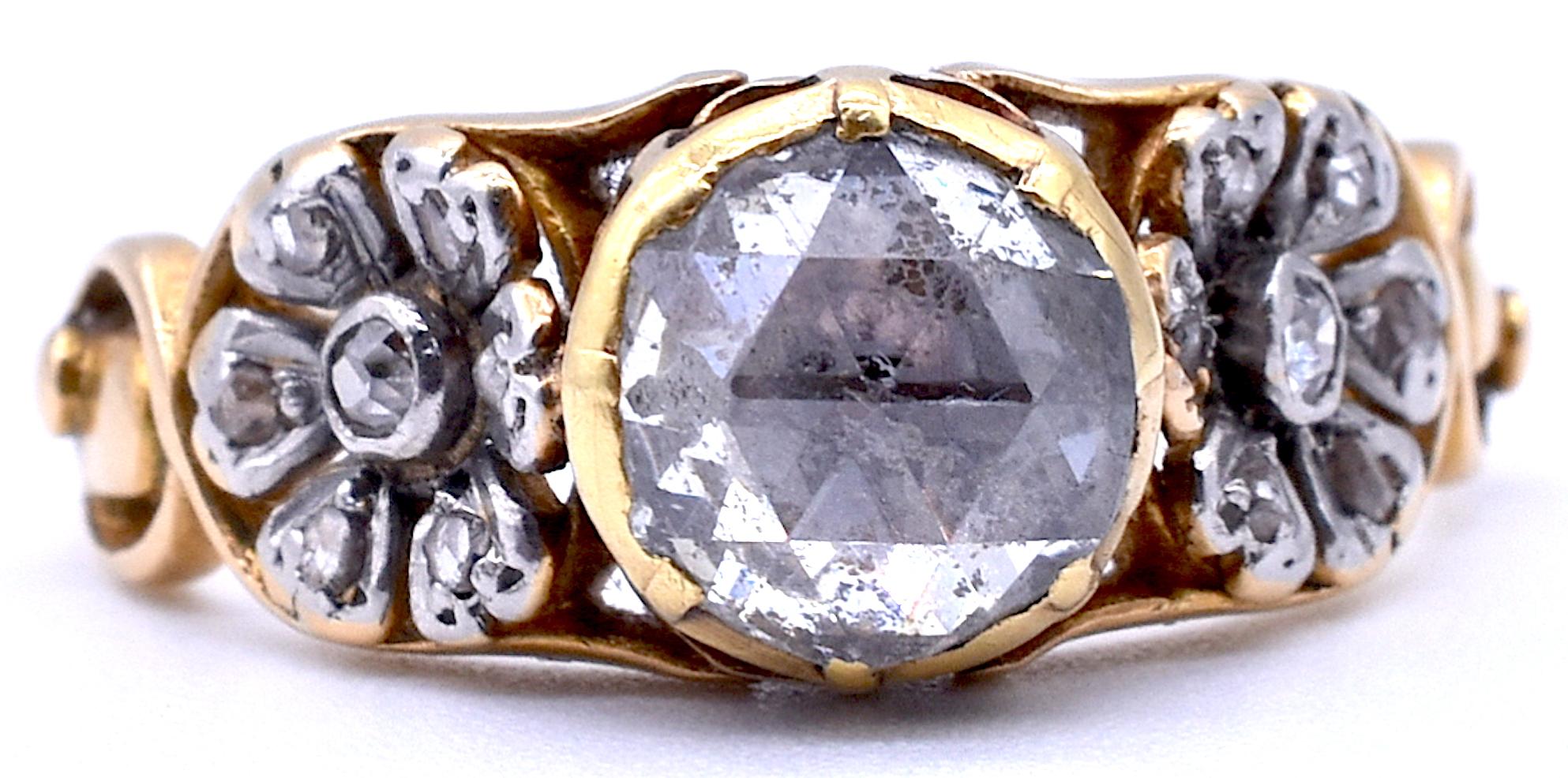 Women's Antique Gold Rose Cut Diamond Ring with Platinum Floral Shoulders, C1895