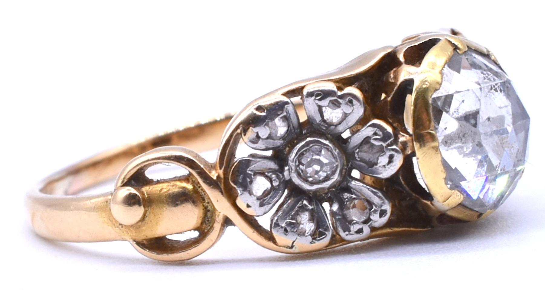 Antique Gold Rose Cut Diamond Ring with Platinum Floral Shoulders, C1895 In Excellent Condition In Baltimore, MD